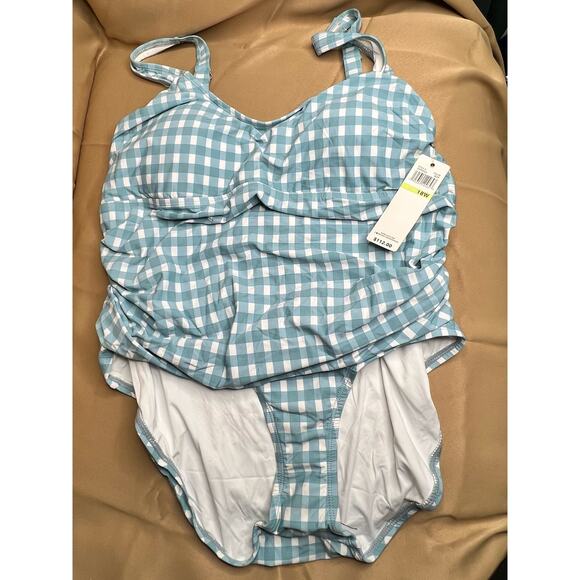 Anne Cole Gingham Blue White Shirred One Piece Swim 18W NWT - Picture 3 of 4